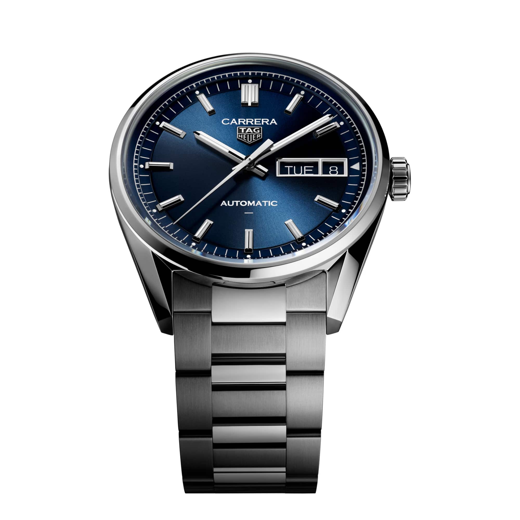TAG Heuer Carrera Day-Date WDA2112.BA0043 photographed at an angle highlighting the blue dial's day-date window and curved flange. The steel bracelet curves away from the lugs, showing its link construction.