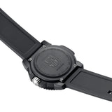 Back view of the Luminox Sea Lion Men's 44mm Carbonox Quartz Watch X2.2055.1 showing the CARBONOX™ case back secured with four screws. This Luminox G Collection watch is water resistant to 100m and comes on a black polyurethane strap.