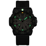 Luminox Sea Lion Men's 44mm Carbonox Quartz Watch X2.2055.1 glowing in the dark with Luminox Light Technology. The self-powered tritium tubes on the hands and hour markers of this Luminox G Collection watch glow constantly for up to 25 years.