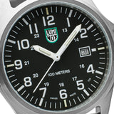Three-quarter angle view of the Luminox Patagonia Steel Men's 43mm Quartz Watch X2.2501.M showing the case profile and crown. This Luminox G-Collection watch pairs a 316L stainless steel case with an easy-to-read black dial and date window.