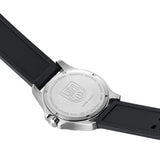 Back view of the Luminox Patagonia Steel Men's 43mm Quartz Watch X2.2501 showing the screw-in stainless steel case back. This Luminox G-Collection watch is water resistant to 100m and comes on a black polyurethane strap.