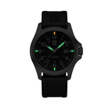 uminox Patagonia Steel Men's 43mm Quartz Watch X2.2501 glowing in the dark with Luminox Light Technology. The self-powered tritium tubes on the hands and markers of this Luminox G-Collection watch glow constantly for up to 25 years.