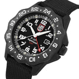 Three-quarter angle view of the Luminox F-117 Nighthawk Men's 44mm Quartz GMT Watch XA.6441 showing the case profile and crown. This F-117 Nighthawk pilot's watch pairs a lightweight black CARBONOX™+ case with a black dial under sapphire crystal.