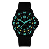 Luminox F-117 Nighthawk Men's 44mm Quartz GMT Watch XA.6441 glowing in the dark with Luminox Light Technology and Super-LumiNova®. The self-powered tritium tubes on this F-117 Nighthawk pilot's watch glow constantly for up to 25 years.