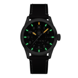 Luminox Air Pilot P-38 Lightning Men's 42mm Quartz GMT Watch XA.9521 glowing in the dark with Luminox Light Technology. The self-powered tritium tubes on the hands and markers of this P-38 Lightning pilot's watch glow constantly for up to 25 years.