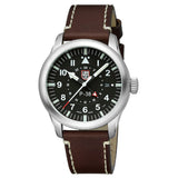 three-quarter angle view of the Luminox Air Pilot P-38 Lightning Men's 42mm Quartz GMT Watch XA.9521 showing the case profile and crown. This P-38 Lightning pilot's watch pairs a 316L stainless steel case with a black dial under sapphire crystal.