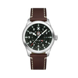 Front view of the Luminox Air Pilot P-38 Lightning Men's 42mm Quartz GMT Watch XA.9521 with a black dial, Arabic numerals and baton markers. This P-38 Lightning pilot's watch features a stainless steel case and a brown leather strap.