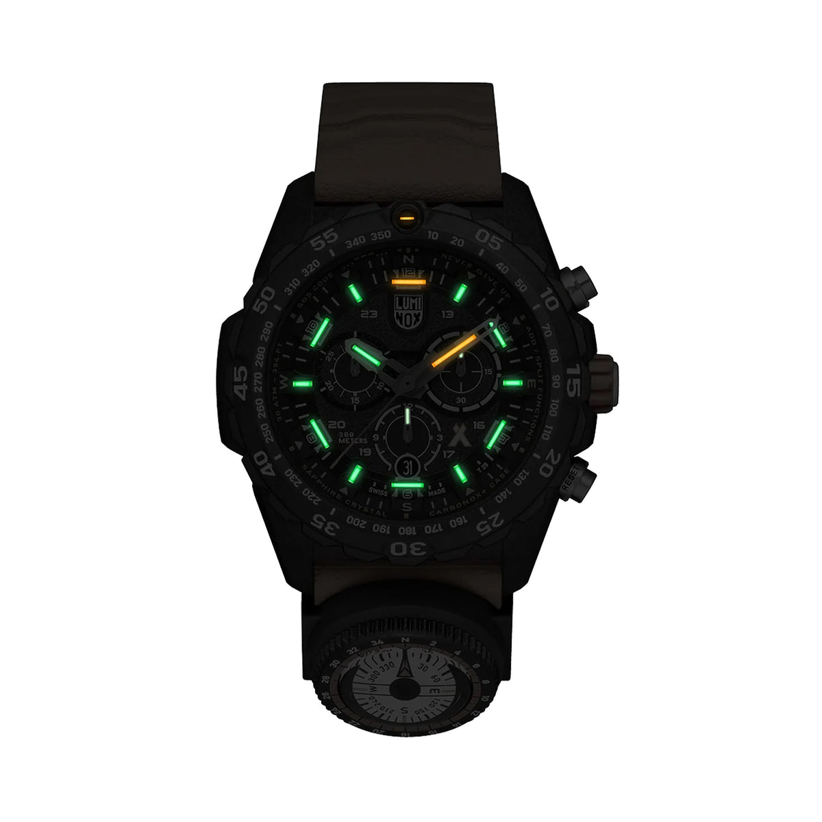 Luminox Bear Grylls Survival Men's 45mm Quartz Chronograph Watch XB.3749 glowing in the dark with Luminox Light Technology. The self-powered tritium tubes on the hands and markers of this Bear Grylls Survival Master Series watch glow constantly for up to 25 years.