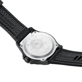 Back view of the Luminox Atacama Field Men's 43mm Quartz Watch XL.1961 showing the black IP stainless steel case back. This Atacama Field watch is water resistant to 100m and comes on a black rubber strap with a textile top.