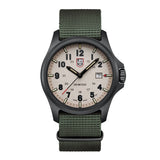 Three-quarter angle view of the Luminox Atacama Field Men's 43mm Quartz Watch XL.1971.SET showing the case profile and crown. This Atacama Field watch pairs a lightweight black CARBONOX™ case with a warm grey dial under anti-reflective sapphire crystal.