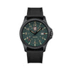 Front view of the Luminox Atacama Field Men's 43mm Quartz Watch XL.1961 with a textured black blackout dial and 12 and 24-hour numerals. This Atacama Field watch features a black CARBONOX™ case and a black rubber strap with a textile top.
