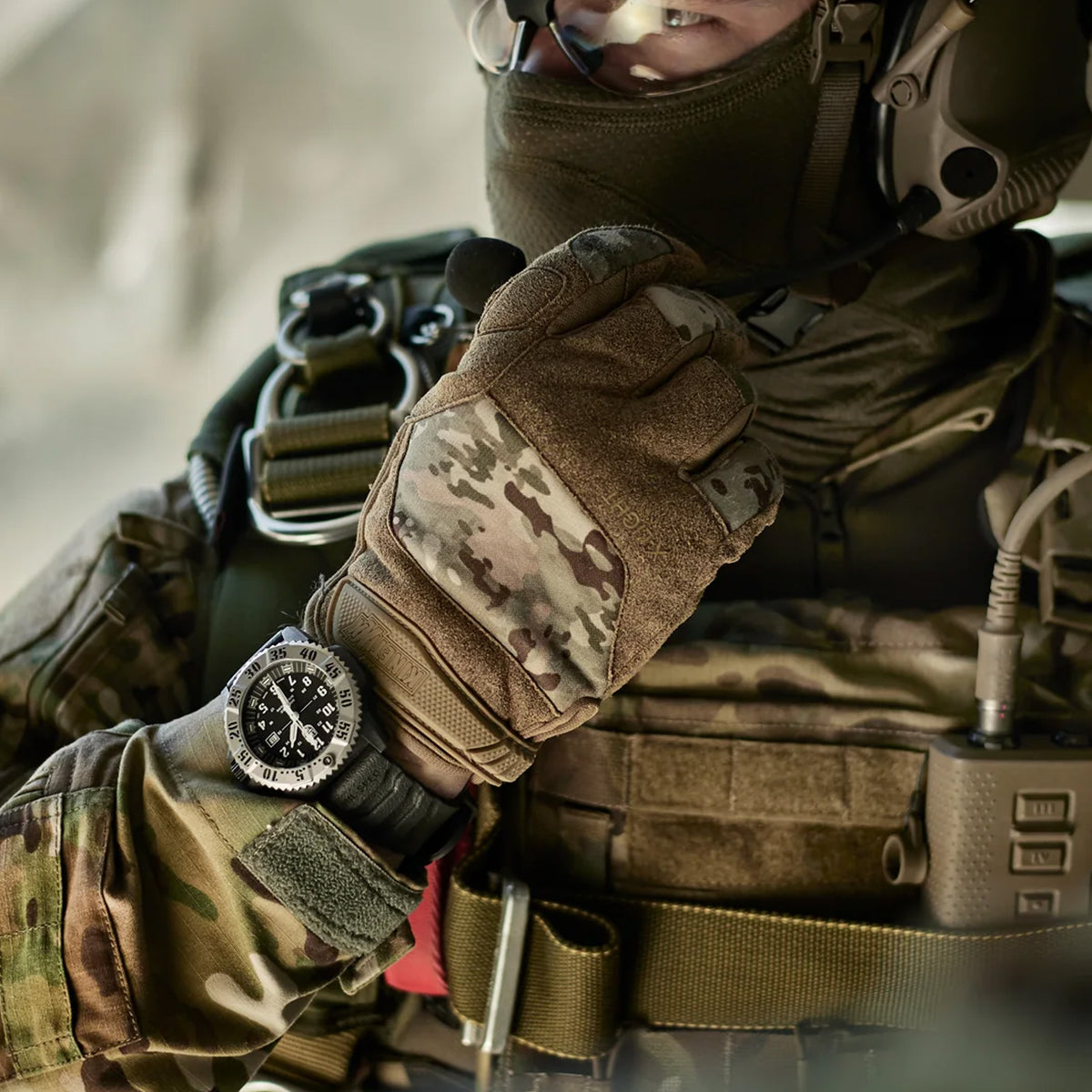 Luminox MIL-SPEC Men's 46mm Quartz Watch XL.3351.1.SET worn on the wrist to show its size and fit. This MIL-SPEC 3350 Series military watch features a black dial, a titanium rotating bezel and a lightweight CARBONOX™+ case on a black rubber strap.