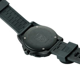 Back view of the Luminox RECON Nav Spec Men's 46mm Quartz GMT Watch XL.8833 showing the solid case back. This RECON Nav Spec watch is water resistant to 200m and comes on a black rubber strap with map scales and ruler markings.