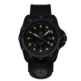 Luminox RECON Nav Spec Men's 46mm Quartz GMT Watch XL.8833 glowing in the dark with Luminox Light Technology. The self-powered tritium tubes on this RECON Nav Spec watch glow constantly for up to 25 years.