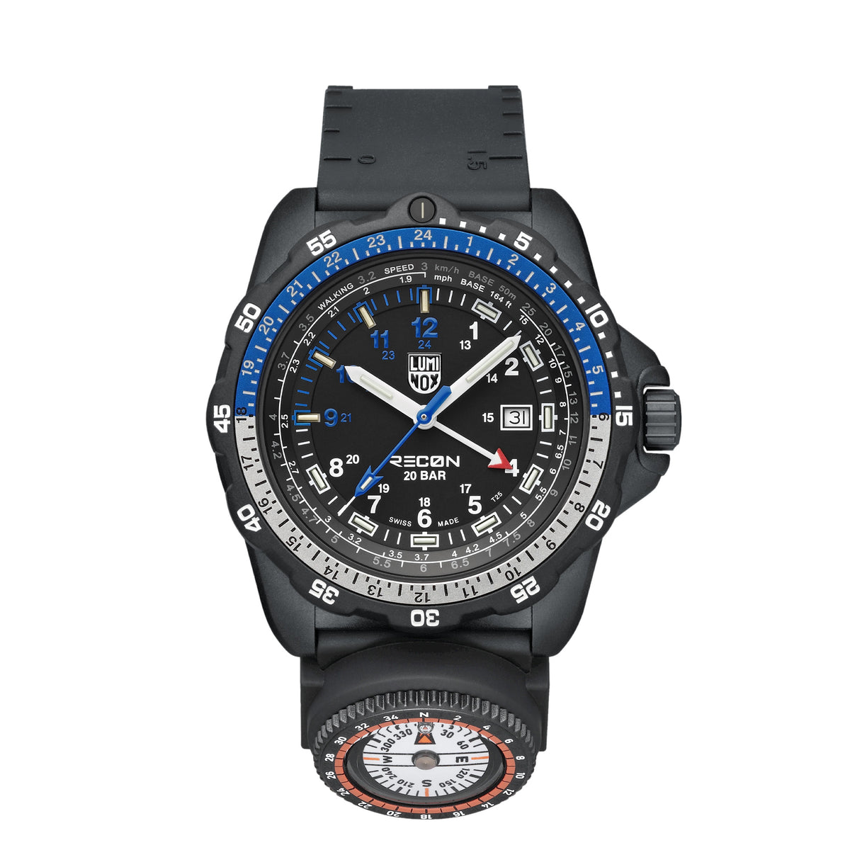 Front view of the Luminox RECON Nav Spec Men's 46mm Quartz GMT Watch XL.8833 with a black dial, white 12 and 24-hour numerals and blue accents. This RECON Nav Spec watch features a black CARBONOX™ case, a two-tone rotating bezel and a black rubber strap with a detachable compass.