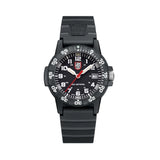 Front view of the Luminox Leatherback SEA Turtle Men's 39mm Quartz Watch XS.0301.L with a black dial, white numerals and a red seconds hand. This Leatherback SEA Turtle watch features a black CARBONOX™ turtle-shaped case and a black polyurethane strap.