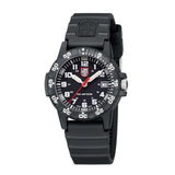 Three-quarter angle view of the Luminox Leatherback SEA Turtle Men's 39mm Quartz Watch XS.0301.L showing its turtle-shaped case and protected crown. This Leatherback SEA Turtle watch pairs a lightweight black CARBONOX™ case with a black dial and date window.