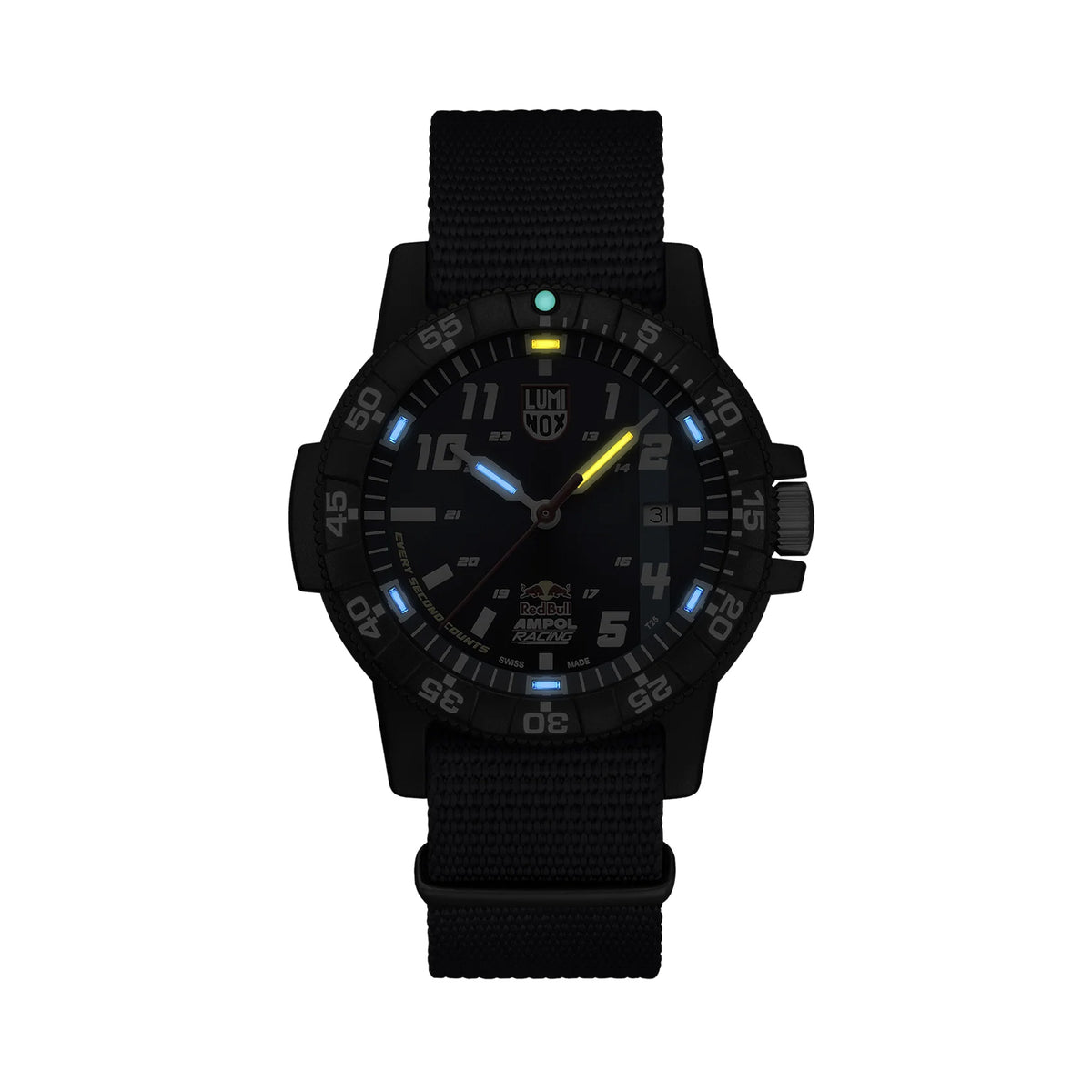 Luminox SEA Turtle Giant Red Bull Ampol Racing Edition Men's 44mm Quartz Watch XS.0321.ARB.1 glowing in the dark with Luminox Light Technology. The self-powered tritium tubes on the hands and markers of this limited edition watch glow constantly for up to 25 years.