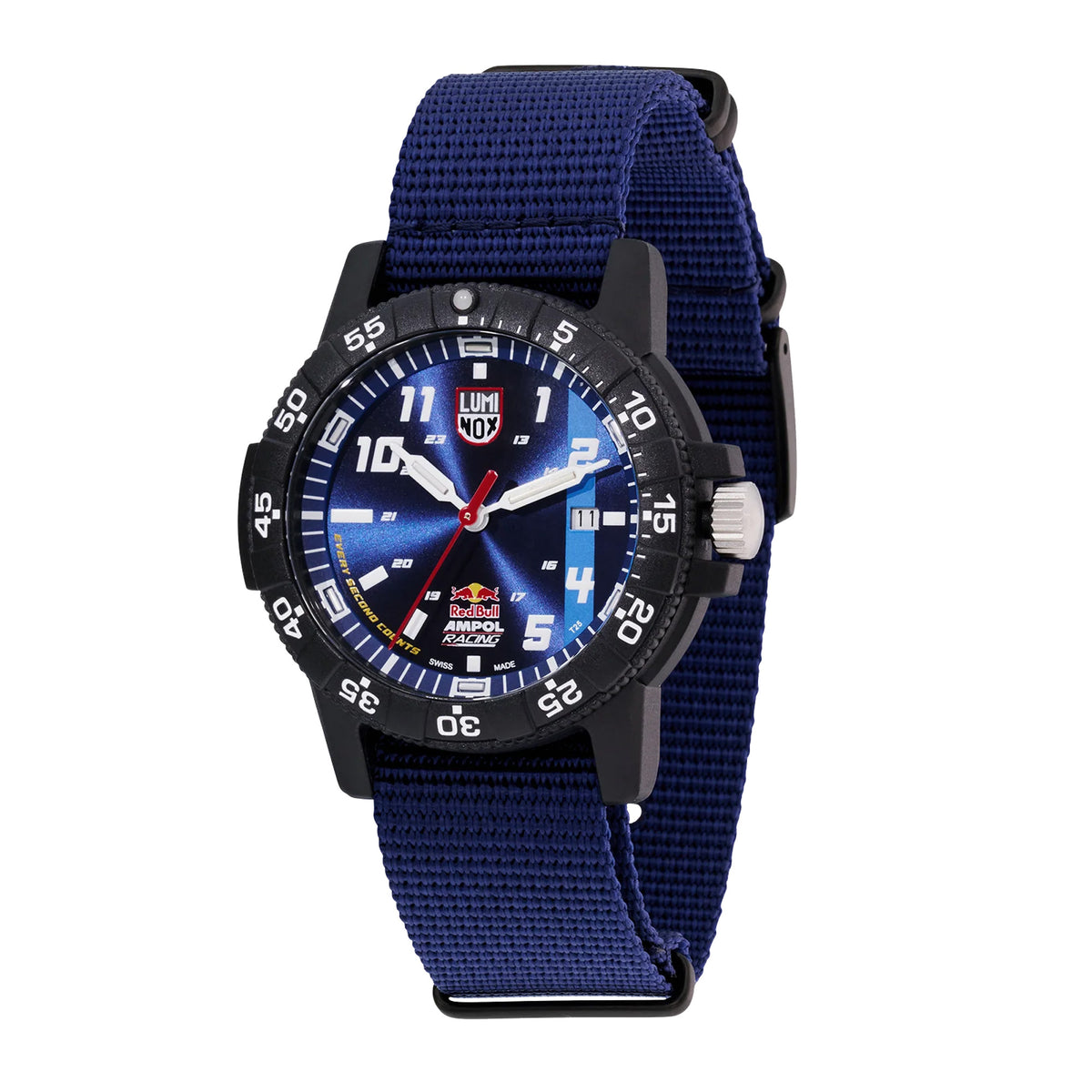 Three-quarter angle view of the Luminox SEA Turtle Giant Red Bull Ampol Racing Edition Men's 44mm Quartz Watch XS.0321.ARB.1 showing its turtle-shaped case and protected crown. This limited edition watch features a lightweight CARBONOX™ case and date window.