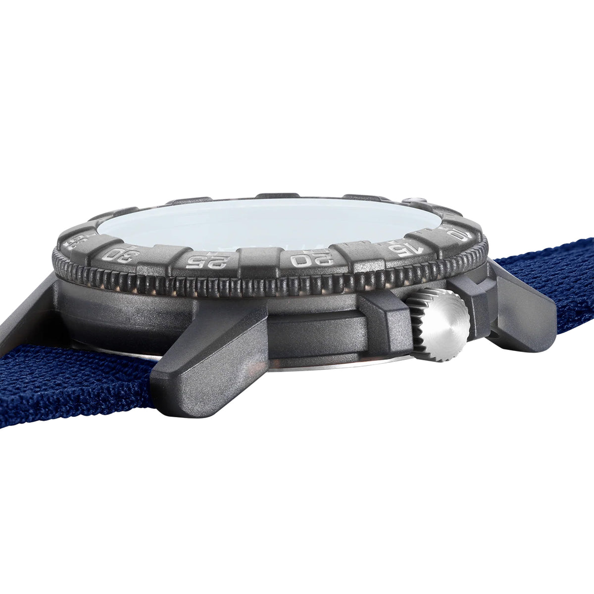 Three-quarter angle view of the Luminox SEA Turtle Giant Red Bull Ampol Racing Edition Men's 44mm Quartz Watch XS.0321.ARB.1 showing its turtle-shaped case and protected crown. This limited edition watch features a lightweight CARBONOX™ case and date window.