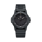 Front view of the Luminox Leatherback SEA Turtle Giant Men's 44mm Quartz Watch XS.0321.BO.L with an all-black blackout dial. This Leatherback SEA Turtle Giant Blackout watch features a black CARBONOX™ turtle-shaped case and a black strap.