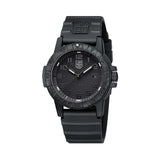 Three-quarter angle view of the Luminox Leatherback SEA Turtle Giant Men's 44mm Quartz Watch XS.0321.BO.L showing its turtle-shaped case and protected crown. This Leatherback SEA Turtle Giant Blackout watch pairs a lightweight black CARBONOX™ case with a black-on-black dial.