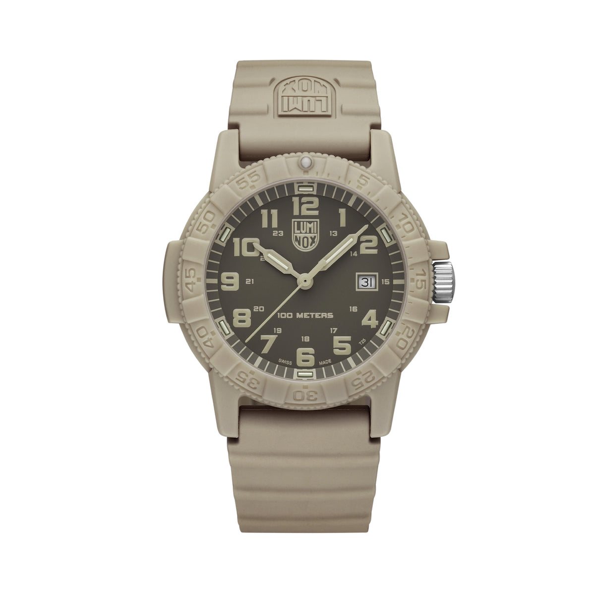 Front view of the Luminox Leatherback SEA Turtle Giant Men’s 44mm Quartz Watch XS.0326 with a monochromatic sand-coloured design. This Leatherback SEA Turtle Giant watch features a sand CARBONOX™ turtle-shaped case, a rotating bezel and a matching sand rubber strap.