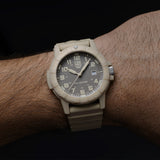 Luminox Leatherback SEA Turtle Giant Men’s 44mm Quartz Watch XS.0326 worn on the wrist to show its size and fit. This Leatherback SEA Turtle Giant watch features a sand-coloured dial, a rotating bezel and a lightweight sand CARBONOX™ case on a matching strap.
