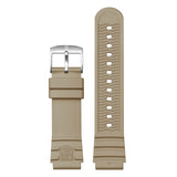 Close-up of the buckle on the sand-coloured rubber strap of the Luminox Leatherback SEA Turtle Giant Men’s 44mm Quartz Watch XS.0326. This Leatherback SEA Turtle Giant strap matches the watch’s desert-inspired sand case.