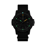 Luminox Leatherback SEA Turtle Giant Men's 44mm Quartz Watch XS.0333 glowing in the dark with Luminox Light Technology. The self-powered tritium tubes on the hands and markers of this Leatherback SEA Turtle Giant watch glow constantly for up to 25 years.