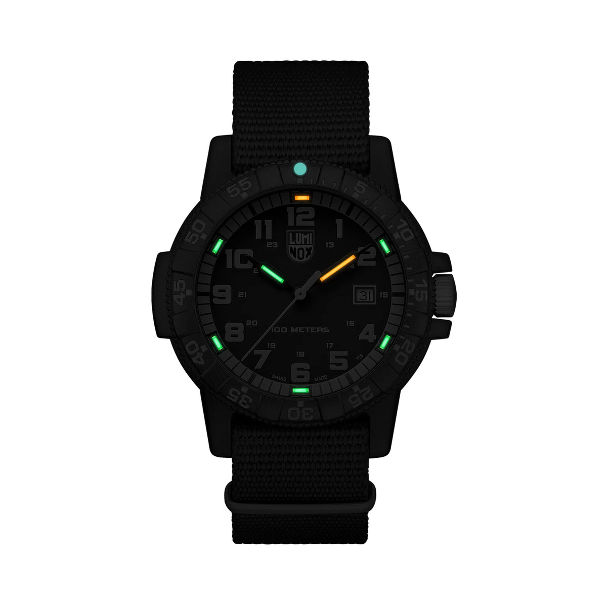 Luminox Leatherback SEA Turtle Giant Men's 44mm Quartz Watch XS.0333 glowing in the dark with Luminox Light Technology. The self-powered tritium tubes on the hands and markers of this Leatherback SEA Turtle Giant watch glow constantly for up to 25 years.