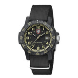 Three-quarter angle view of the Luminox Leatherback SEA Turtle Giant Men's 44mm Quartz Watch XS.0333 showing its turtle-shaped case and protected crown. This Leatherback SEA Turtle Giant watch pairs a lightweight black CARBONOX™ case with a black and beige dial.