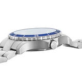 Three-quarter angle view of the Luminox Sport Timer Men's 40mm Quartz Watch XS.0943 showing the case profile and crown. This Sport Timer 0940 Series watch pairs a stainless steel case with a blue sunray dial under anti-reflective sapphire crystal.