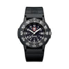 Front view of the Luminox Original Navy SEAL Men's 43mm Quartz Watch XS.3001.F with a black dial and white luminous numerals. This Original Navy SEAL 3000 Series watch features a black CARBONOX™ case, a black rotating dive bezel and a black rubber strap.