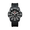 Front view of the Luminox Navy SEAL Men's 44mm Quartz Watch XS.3051.F with a black dial and white luminous numerals. This Original Navy SEAL 3050 Series watch features a black CARBONOX™ case, a black rotating dive bezel and a black polyurethane strap.