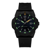 Luminox Pacific Diver Men's 44mm Quartz Watch XS.3123.B glowing in the dark with Luminox Light Technology. The self-powered tritium tubes on the hands and markers of this Pacific Diver 3120 Series watch glow constantly for up to 25 years.