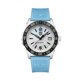 Front view of the Luminox Pacific Diver Ripple Men's 39mm Quartz Watch XS.3124M with a blue mother-of-pearl dial. This Pacific Diver Ripple dive watch features a stainless steel case, a CARBONOX™ rotating dive bezel and a Coastal Blue rubber strap.
