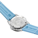 Back view of the Luminox Pacific Diver Ripple Men's 39mm Quartz Watch XS.3124M showing the stainless steel case back. This Pacific Diver Ripple dive watch is water resistant to 200m and comes on a Coastal Blue rubber strap.