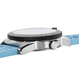Back view of the Luminox Pacific Diver Ripple Men's 39mm Quartz Watch XS.3124M showing the stainless steel case back. This Pacific Diver Ripple dive watch is water resistant to 200m and comes on a Coastal Blue rubber strap.