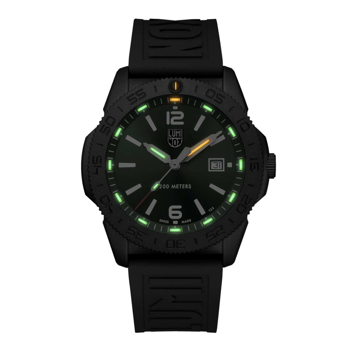 Luminox Pacific Diver Men's 44mm Quartz Watch XS.3137.B glowing in the dark with Luminox Light Technology. The self-powered tritium tubes on the hands and markers of this Pacific Diver 3120 Series watch glow constantly for up to 25 years.