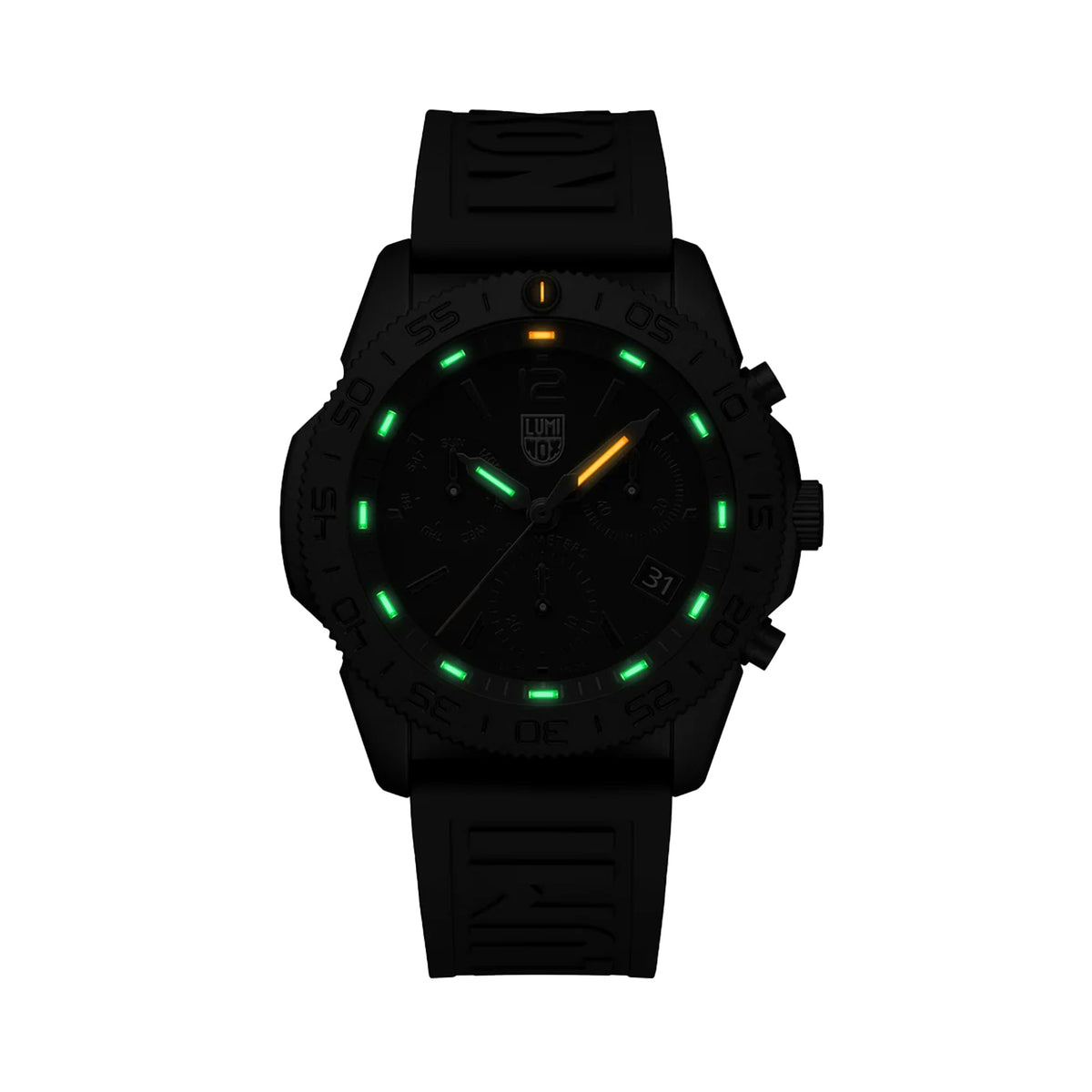 Luminox Pacific Diver Chronograph Men's 44mm Quartz Watch XS.3141.BO.1 glowing in the dark with Luminox Light Technology. The 14 self-powered tritium tubes on this Pacific Diver Chronograph glow constantly for up to 25 years.