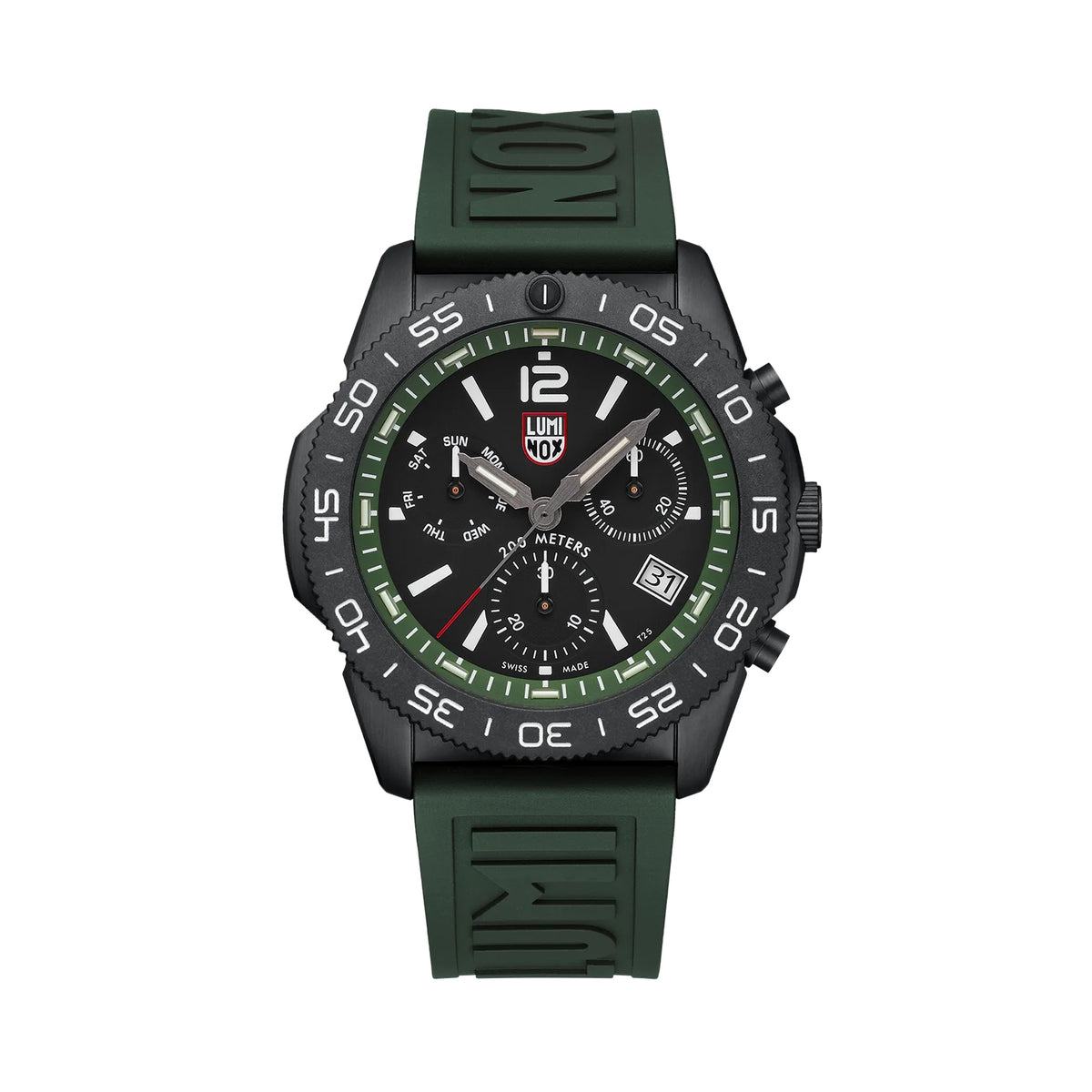 Front view of the Luminox Pacific Diver Chronograph Men’s 44mm Quartz Watch XS.3147 with a forest green dial, white numerals and three chronograph sub-dials. This Pacific Diver Chronograph features a black IP stainless steel case, a black CARBONOX™ rotating dive bezel and a green rubber strap.