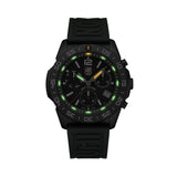 Luminox Pacific Diver Chronograph Men’s 44mm Quartz Watch XS.3147 glowing in the dark with Luminox Light Technology. The self-powered tritium tubes on the hands and markers of this Pacific Diver Chronograph glow constantly for up to 25 years.