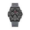 Front view of the Luminox Pacific Diver Chronograph Men’s 44mm Quartz Watch XS.3148 with a graphite grey dial and three chronograph sub-dials. This Pacific Diver Chronograph features a black IP stainless steel case, a black CARBONOX™ dive bezel and a grey rubber strap.