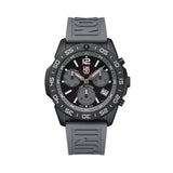 Front view of the Luminox Pacific Diver Chronograph Men’s 44mm Quartz Watch XS.3148 with a graphite grey dial and three chronograph sub-dials. This Pacific Diver Chronograph features a black IP stainless steel case, a black CARBONOX™ dive bezel and a grey rubber strap.