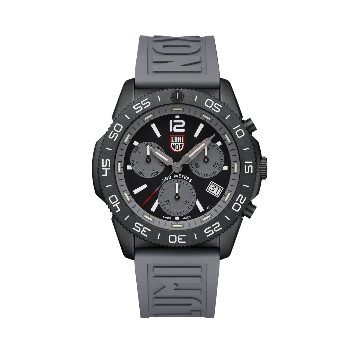 Front view of the Luminox Pacific Diver Chronograph Men’s 44mm Quartz Watch XS.3148 with a graphite grey dial and three chronograph sub-dials. This Pacific Diver Chronograph features a black IP stainless steel case, a black CARBONOX™ dive bezel and a grey rubber strap.