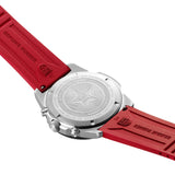 Back view of the Luminox Pacific Diver Men's 44mm Stainless Steel Quartz Chronograph Watch XS.3155 showing the screw-in stainless steel case back. This Pacific Diver Chronograph is water resistant to 200m and comes on a red cut-to-fit rubber strap.