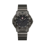 Front view of the Luminox Navy SEAL Foundation Men’s 43mm Quartz Watch XS.3228.NSF with a black dial and date window at 3 o’clock. This Navy SEAL Foundation 3220 Series watch features a gunmetal IP stainless steel case, bezel and bracelet.