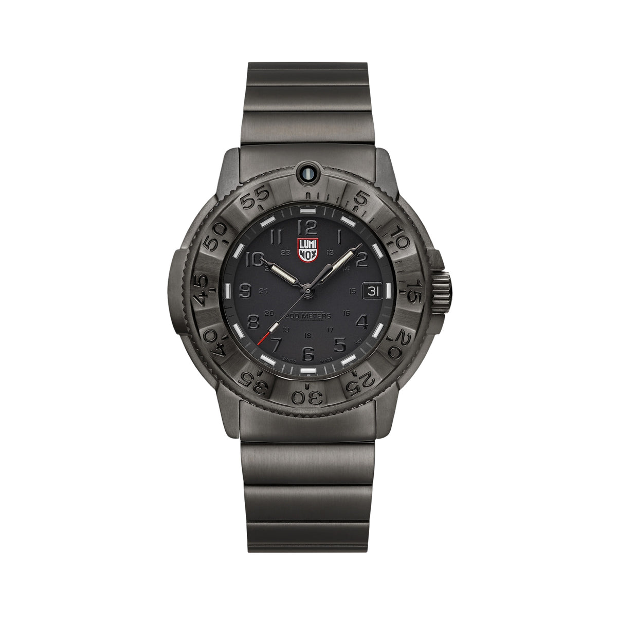 Front view of the Luminox Navy SEAL Foundation Men’s 43mm Quartz Watch XS.3228.NSF with a black dial and date window at 3 o’clock. This Navy SEAL Foundation 3220 Series watch features a gunmetal IP stainless steel case, bezel and bracelet.