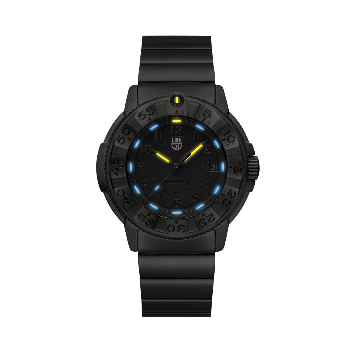 Luminox Navy SEAL Foundation Men’s 43mm Quartz Watch XS.3228.NSF glowing in the dark with ice blue and golden yellow Luminox Light Technology. The self-powered tritium tubes on this Navy SEAL Foundation 3220 Series watch glow constantly for up to 25 years.